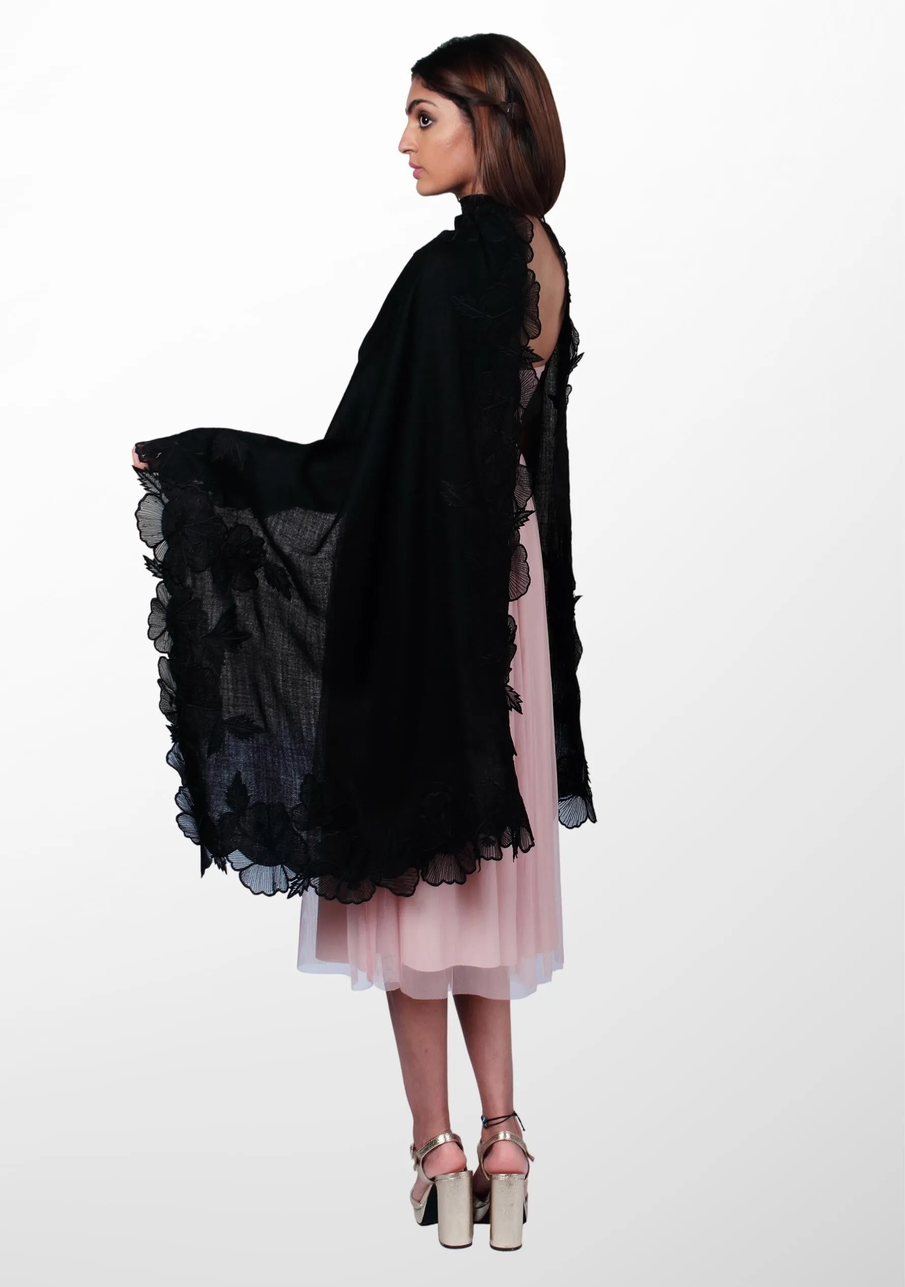 Black Cashmere Scarf with Black Hibiscus Floral Embroidery Border