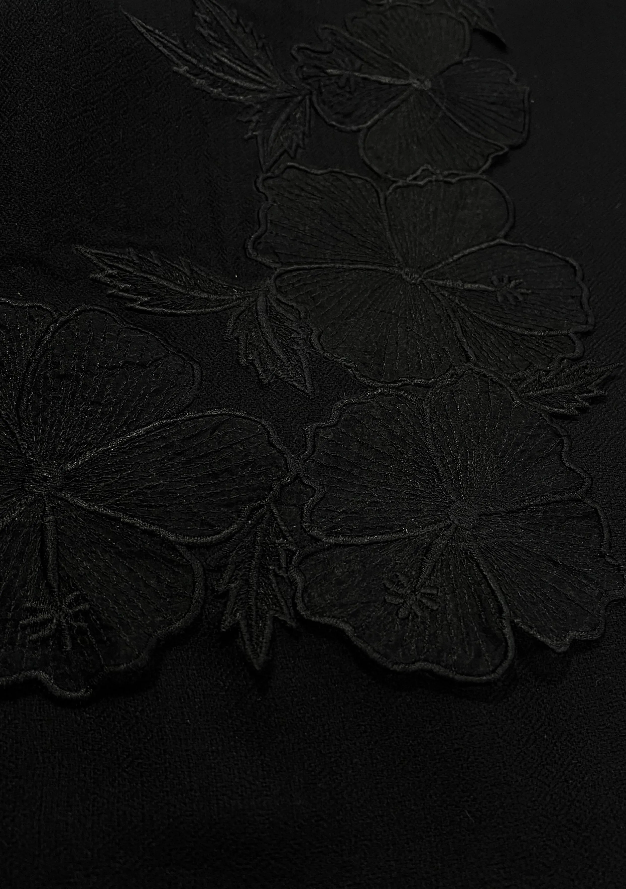 Black Cashmere Scarf with Black Hibiscus Floral Embroidery Border