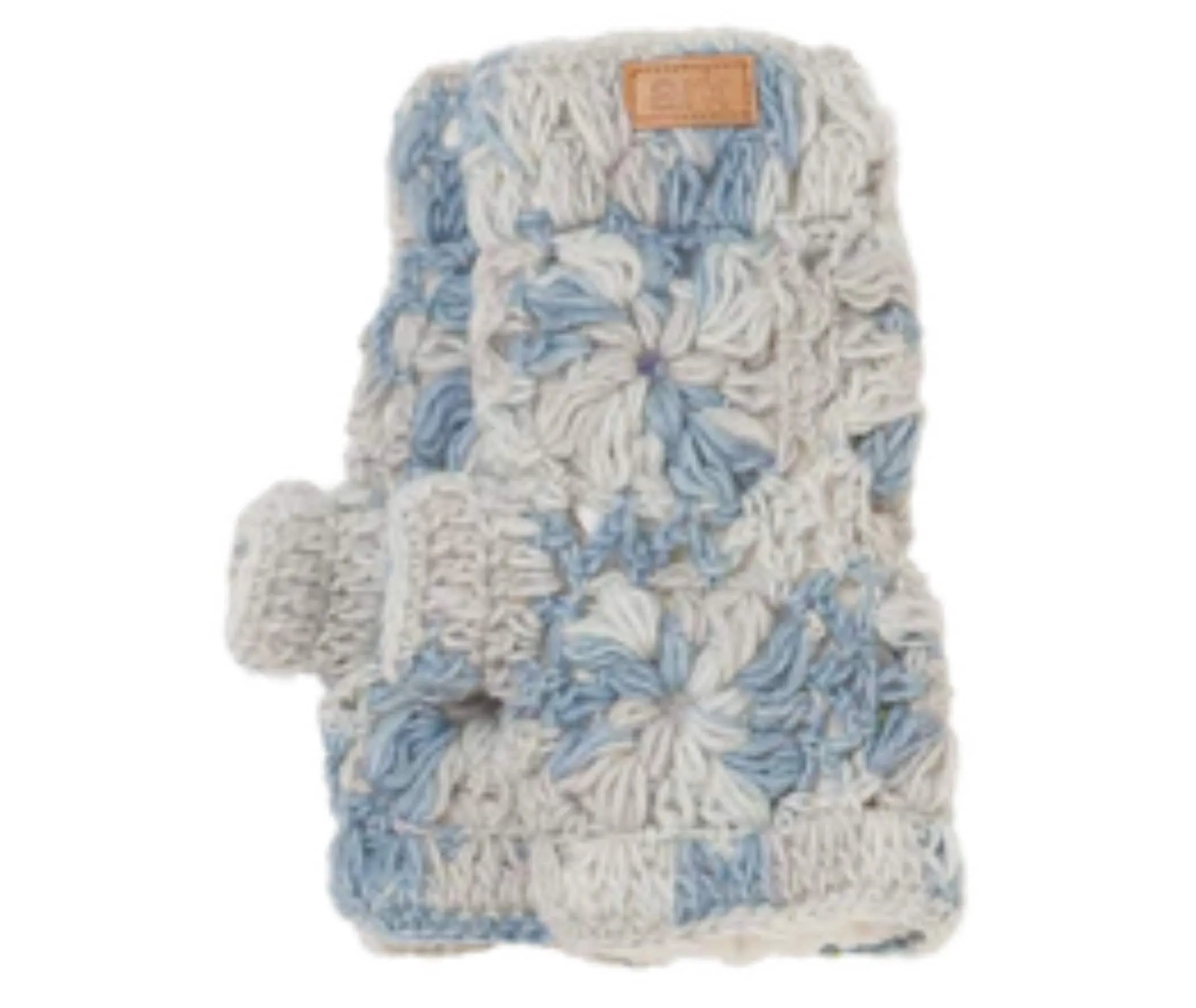 Blue Wool Texting Gloves, Chunky Knit Hand Warmer, Cozy Fleece Lining, Tie Dye Fingerless Mittens