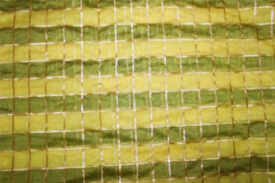 cotton chanderi fabric plaids shade of lemon yellow x metallic gold 44&quot; wide