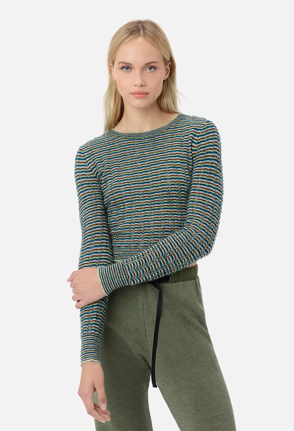 Fil Coupe Alpaca Cropped Crew / Teal Stripe