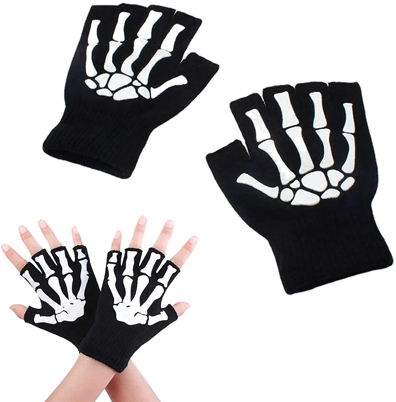 Halloween gloves, Night half finger gloves, Knitted night light gloves
