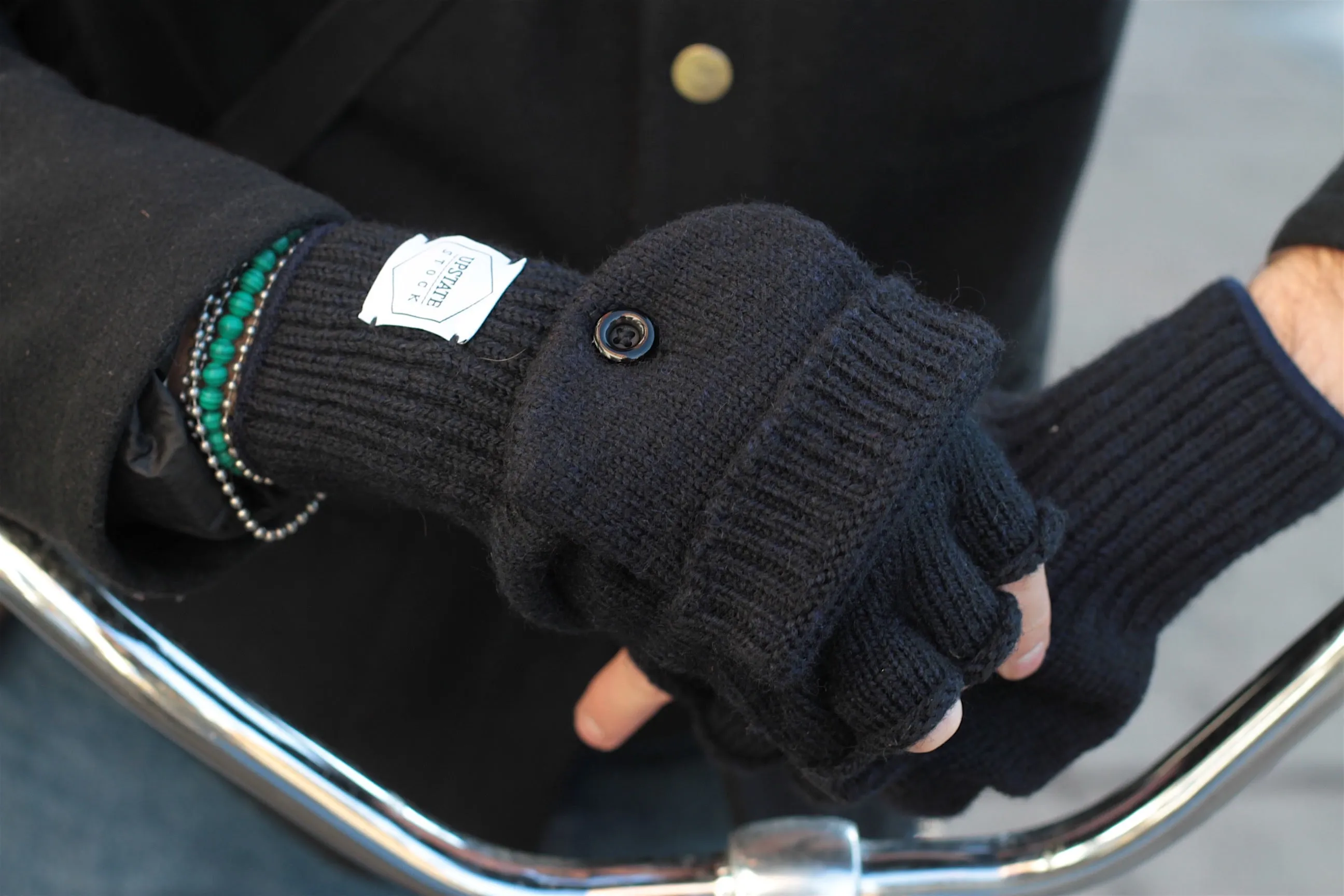 Navy Melange Convertible Fingerless 'Glomitt' with Black Deerskin