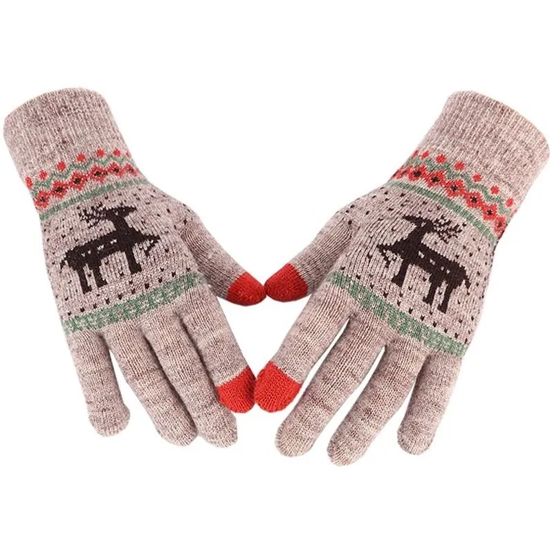 OCW X-Mas Thermal Gloves Knitted Thick Super Warm Deer Printed Full Fingers Touch Screen