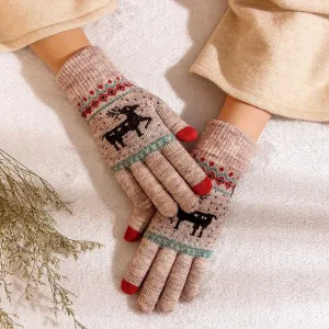 OCW X-Mas Thermal Gloves Knitted Thick Super Warm Deer Printed Full Fingers Touch Screen