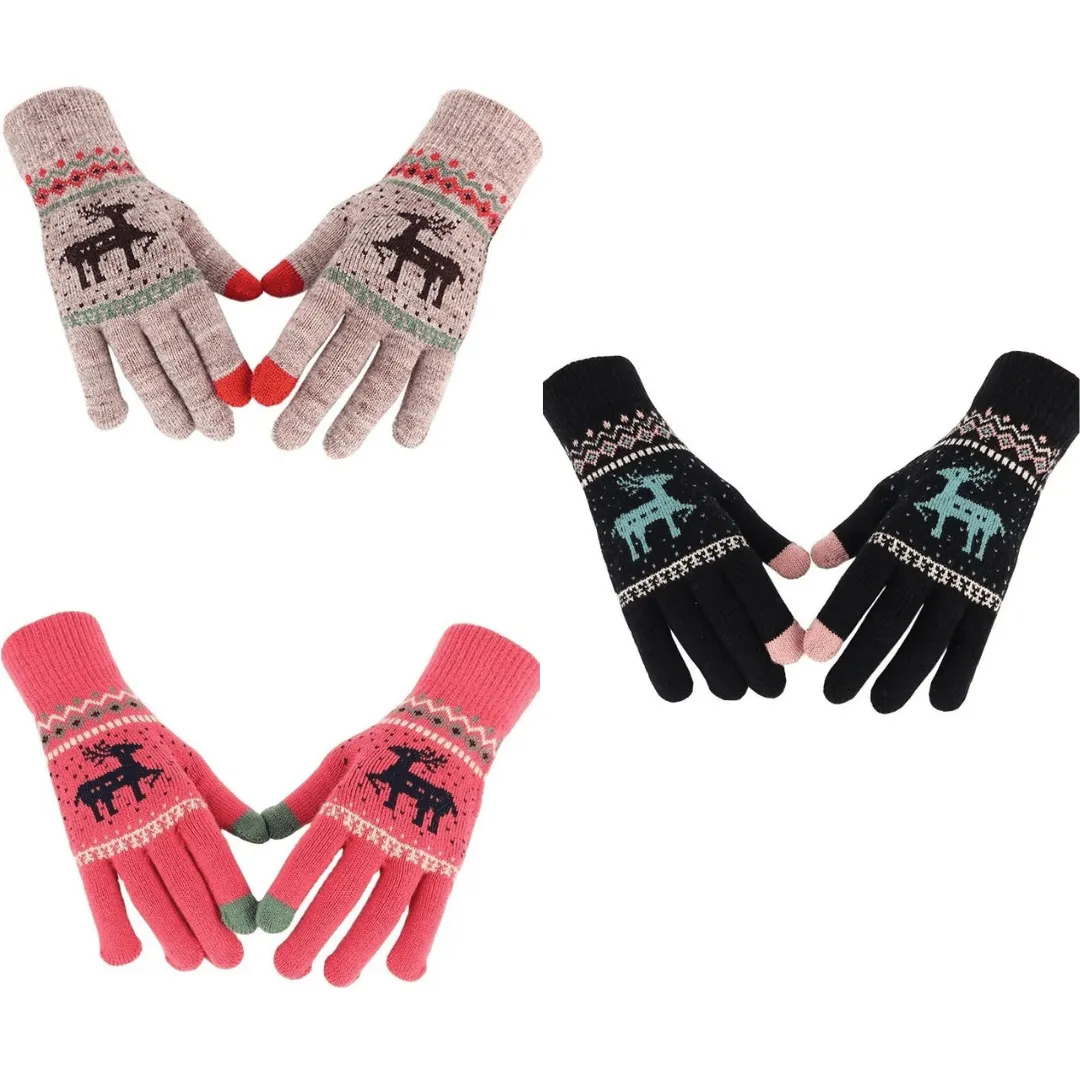 OCW X-Mas Thermal Gloves Knitted Thick Super Warm Deer Printed Full Fingers Touch Screen