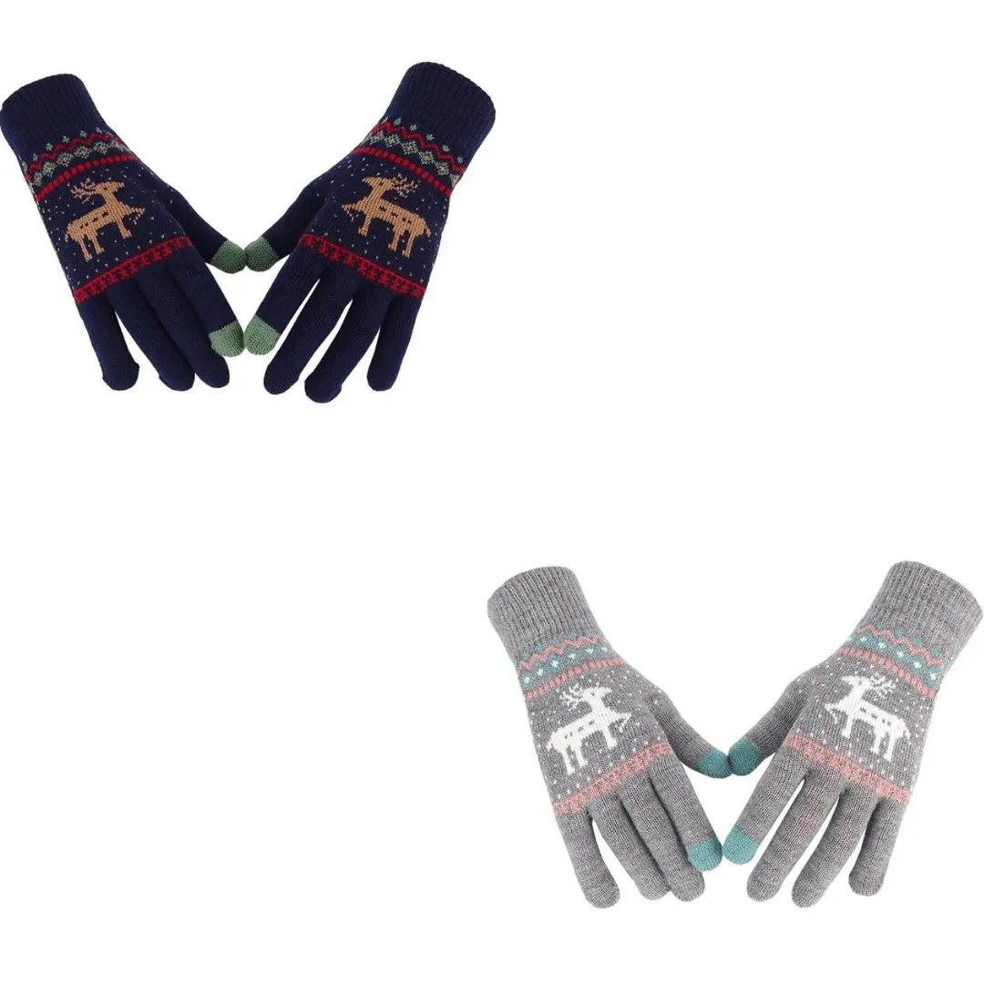 OCW X-Mas Thermal Gloves Knitted Thick Super Warm Deer Printed Full Fingers Touch Screen