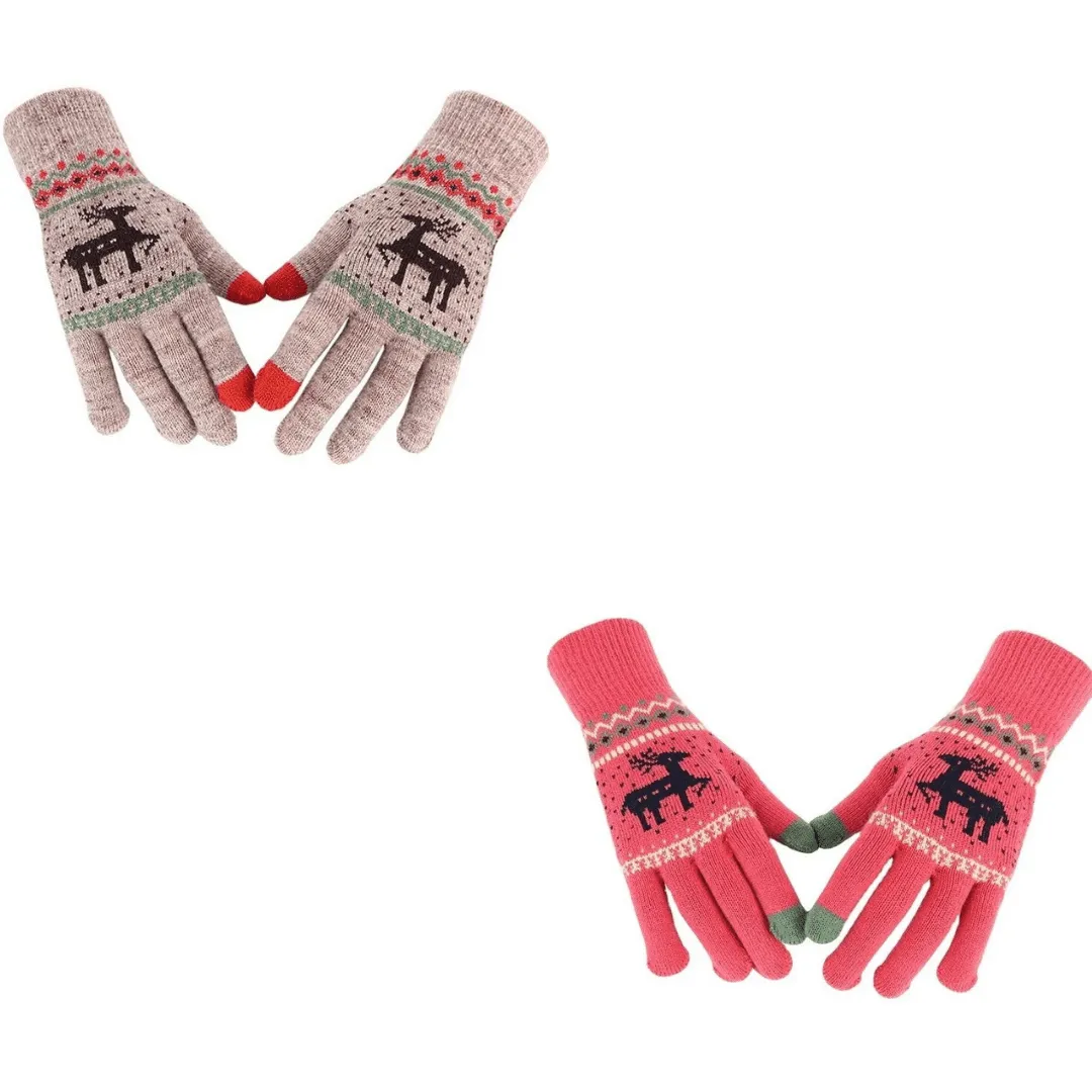 OCW X-Mas Thermal Gloves Knitted Thick Super Warm Deer Printed Full Fingers Touch Screen