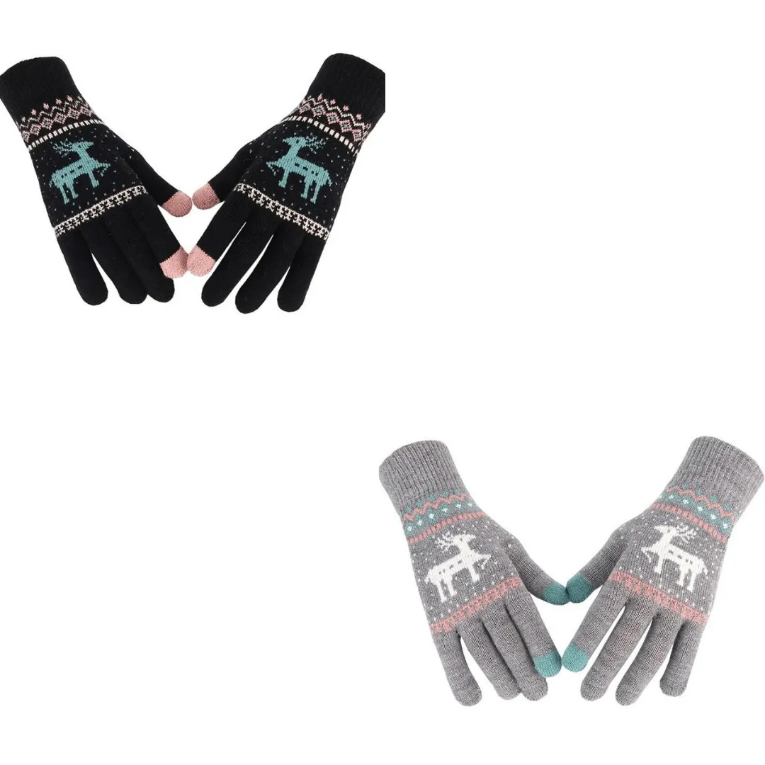 OCW X-Mas Thermal Gloves Knitted Thick Super Warm Deer Printed Full Fingers Touch Screen