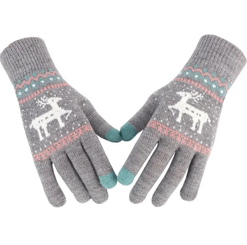 OCW X-Mas Thermal Gloves Knitted Thick Super Warm Deer Printed Full Fingers Touch Screen