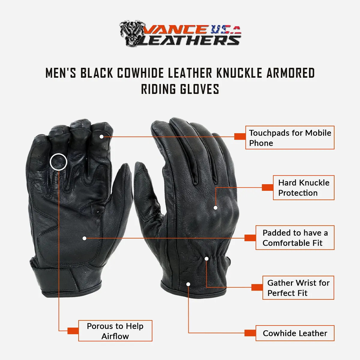 VL473 Vance Leather Armored Knuckle Riding Gloves