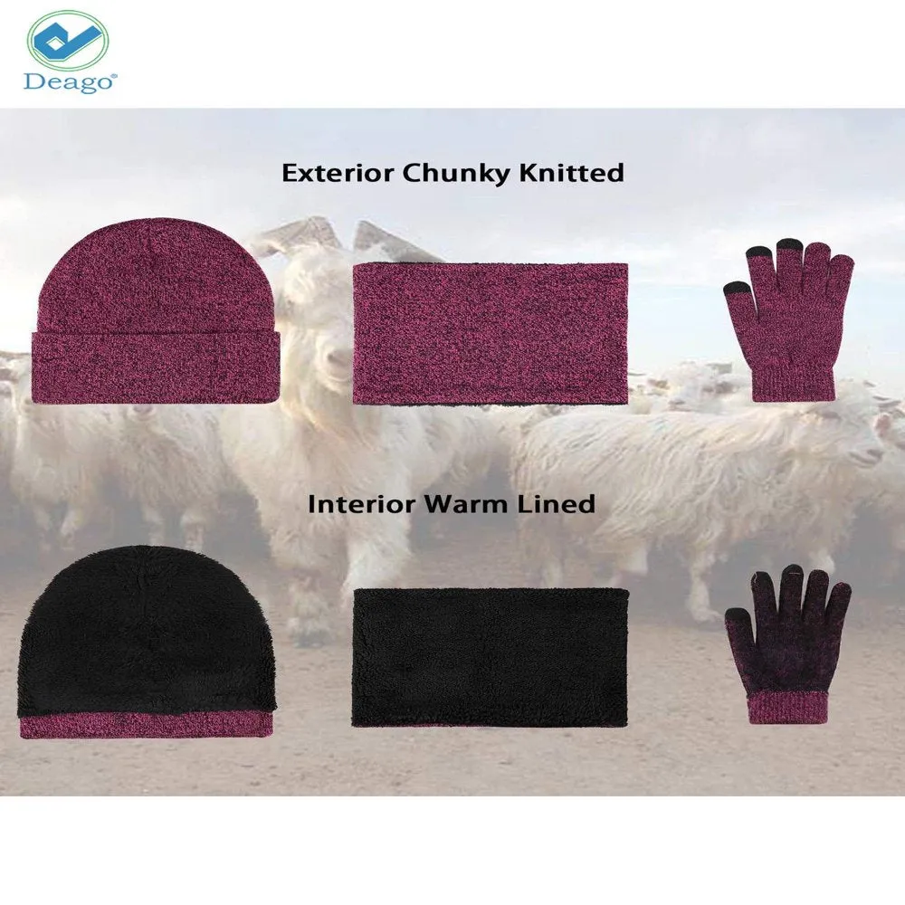 Winter Beanie Hat Scarf Touchscreen Gloves Set for Men and Women, Beanie Gloves Neck Warmer Set with Warm Knit Fleece Lined (Rose Red)