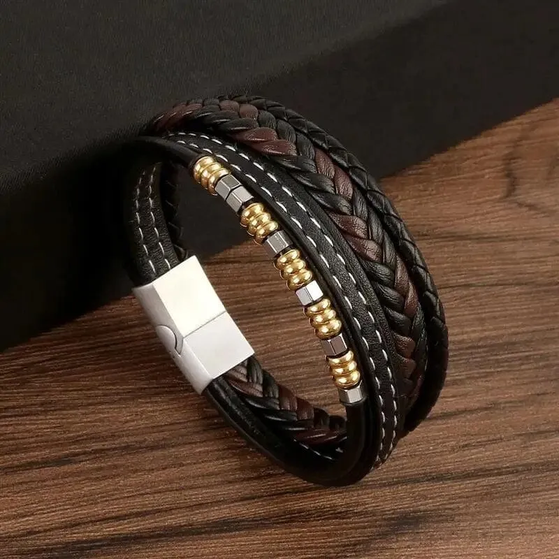Wrap Bracelet Leather Mens Stack Braid Bead