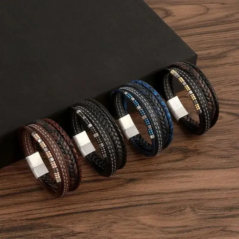Wrap Bracelet Leather Mens Stack Braid Bead