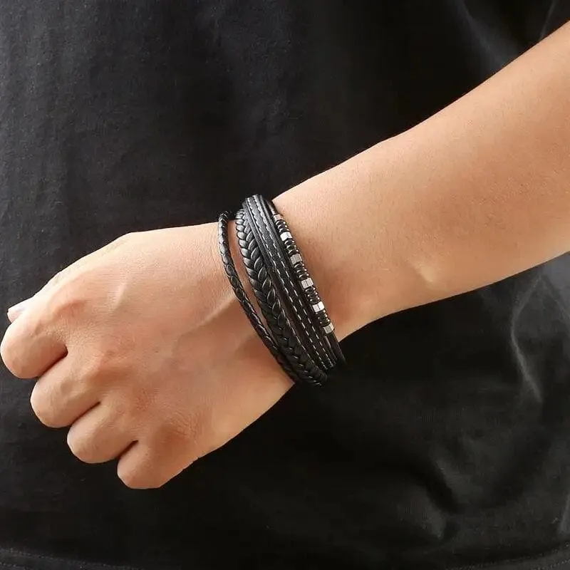 Wrap Bracelet Leather Mens Stack Braid Bead