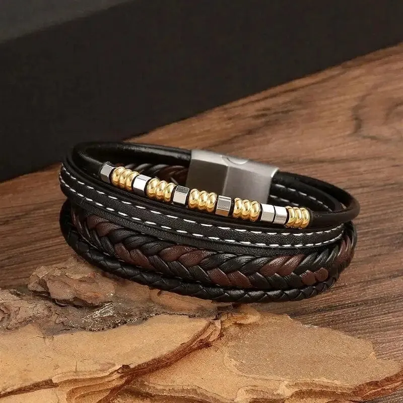 Wrap Bracelet Leather Mens Stack Braid Bead